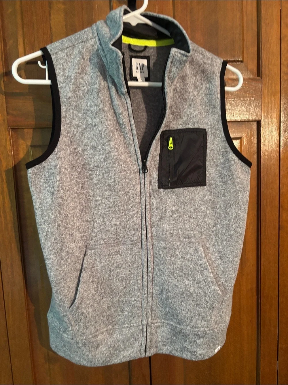 GAP Gray Fleece Vest with Black Pocket and Neon Yellow Accent
